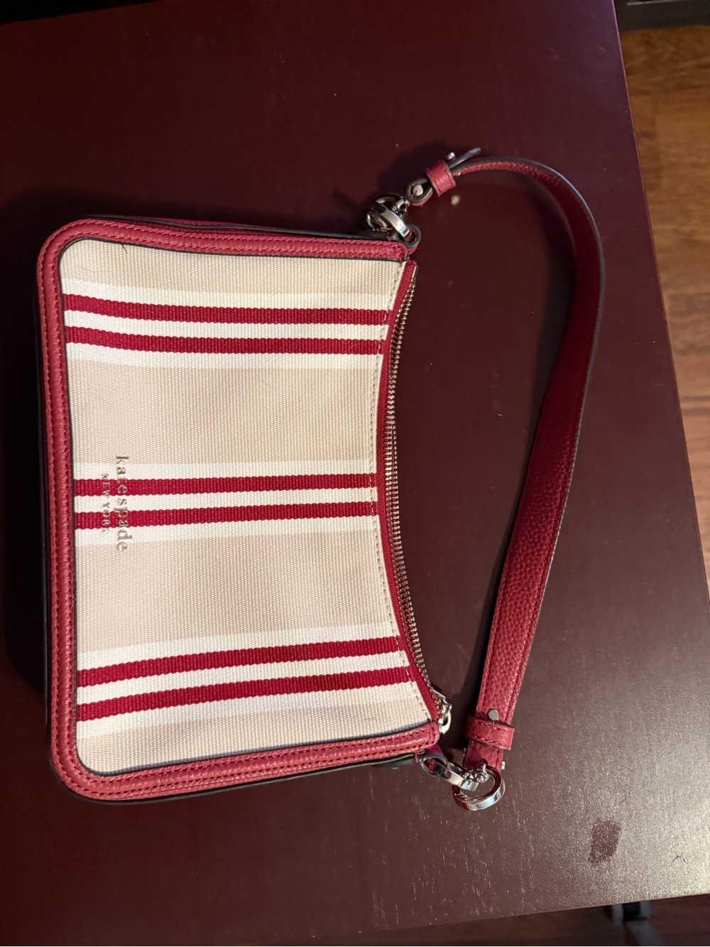 kate spade Red and Cream Striped Canvas Wristlet with Red Leather Trim